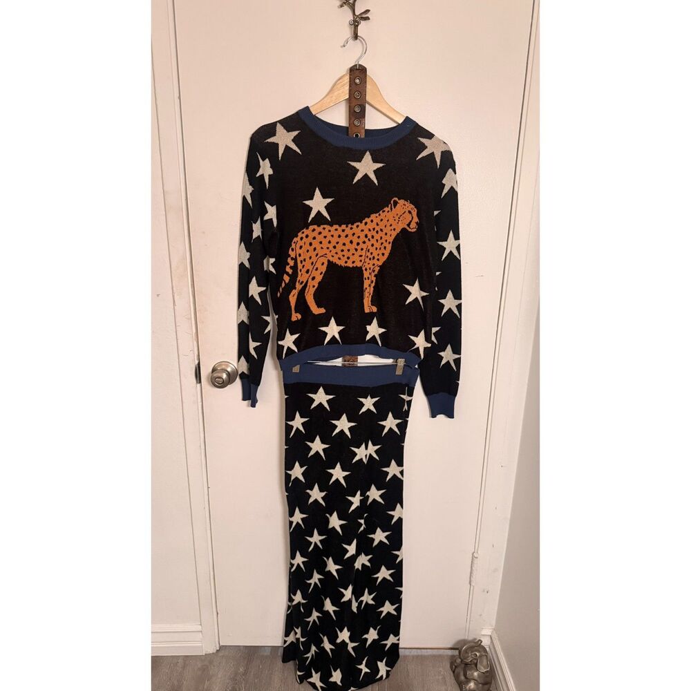 OXKNIT Black White Star Cheetah Print 2 Piece Knit Sweater Set S